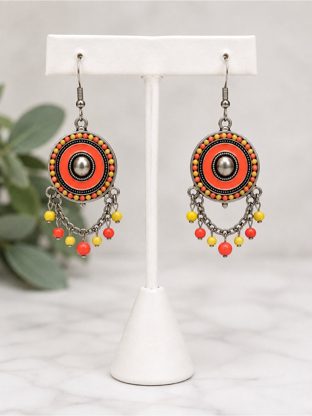 Boho Orange Yellow Beaded Dangle Earrings Silver Tone Statement